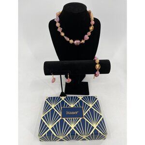 Stauer Rosa Murano‎ Glass Beaded Necklace Earrings Set Gold Accents Parure